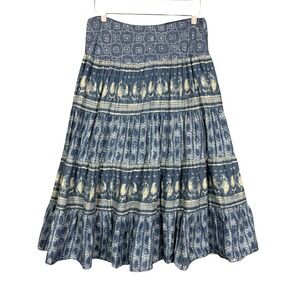 Chaps Skirt Womens Medium Blue Block Print Cotton A-Line Midi Lined Pull On Boho
